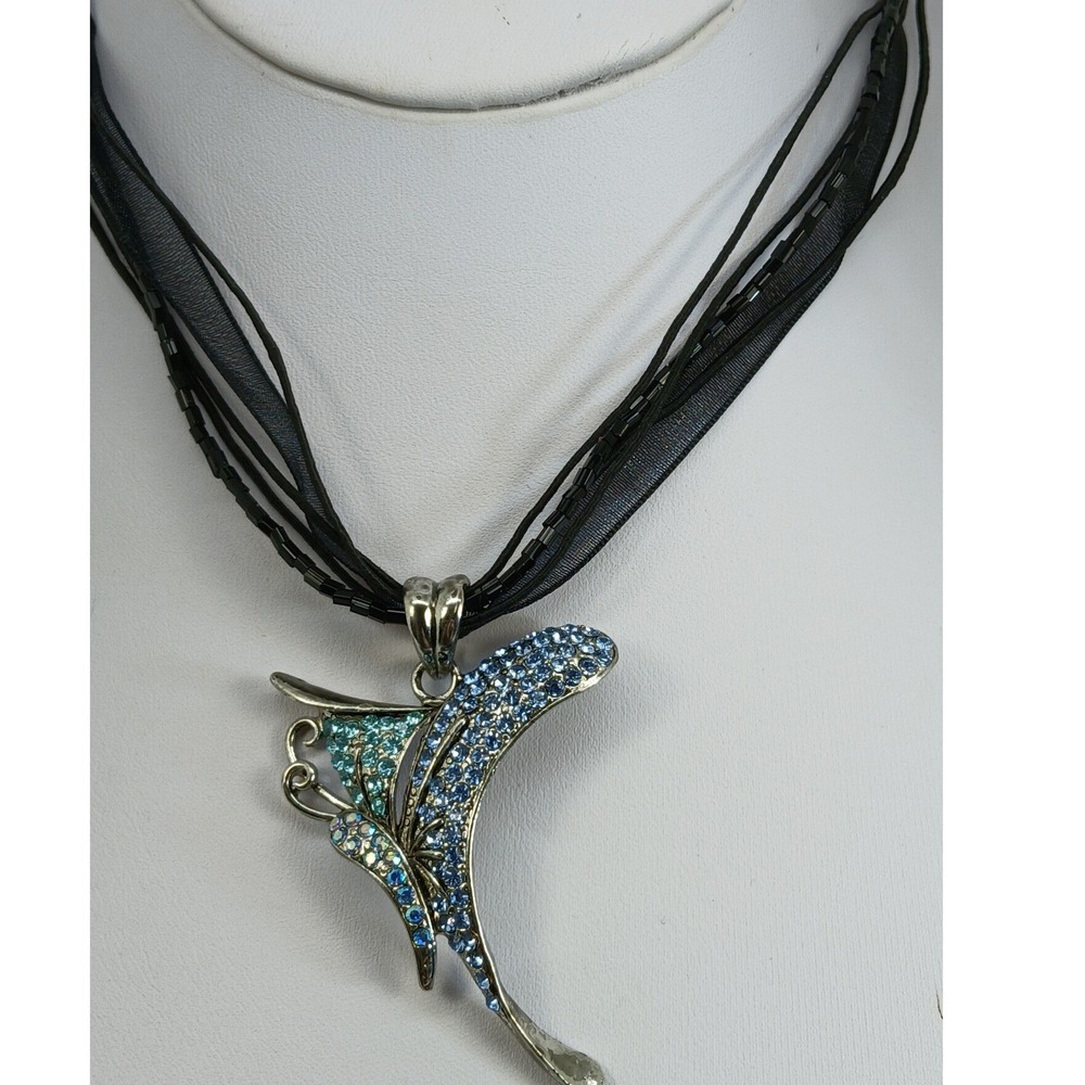 Blue Rhinestone Butterfly Pendant Multi Strand Black Ribbon Necklace Chocker NOS - Picture 3 of 17